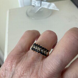 Vintage 14k solid gold and fancy dark blue sapphire and diamond ring